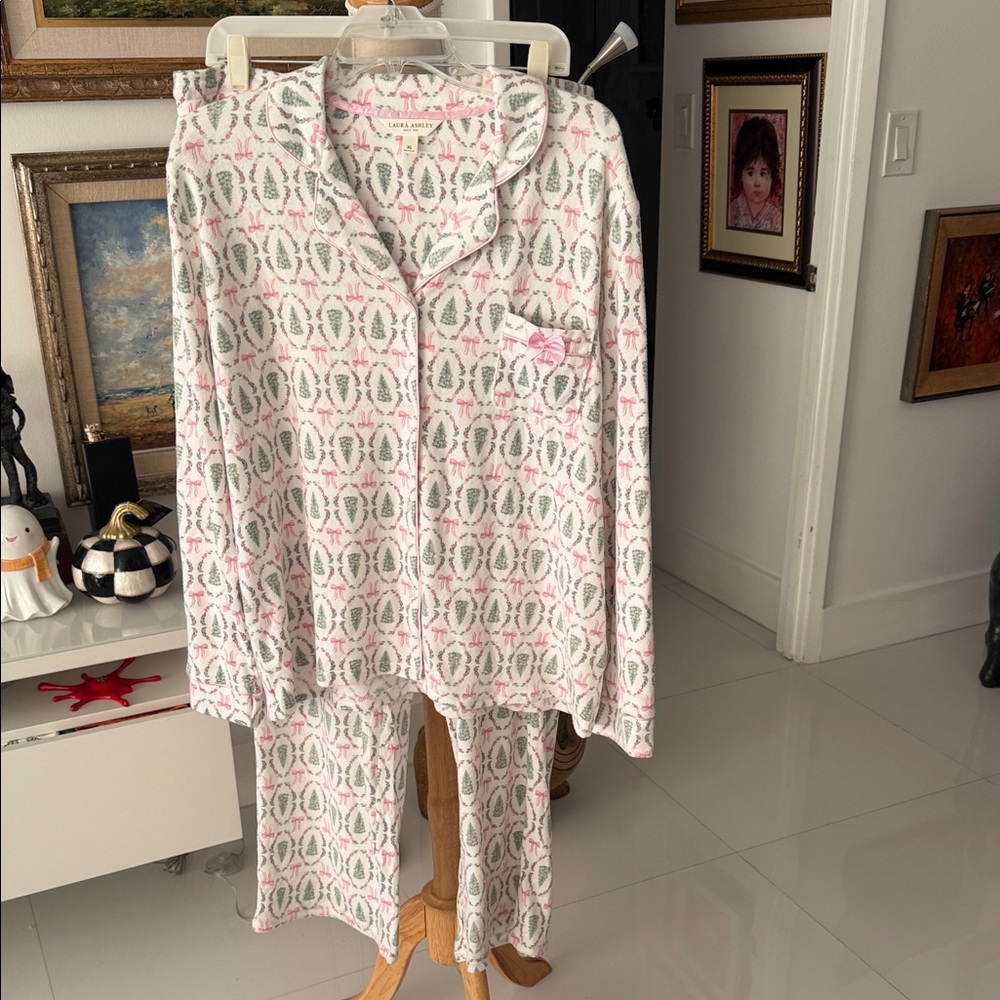 Laura Ashley Pink and Green Festive Floral & Christmas Trees Pajama Set